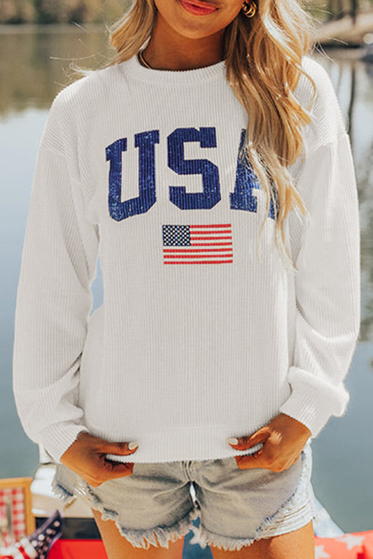 White USA Flag Corded Graphic Sweatshirt Sweatshirts & Hoodies JT's Designer Fashion