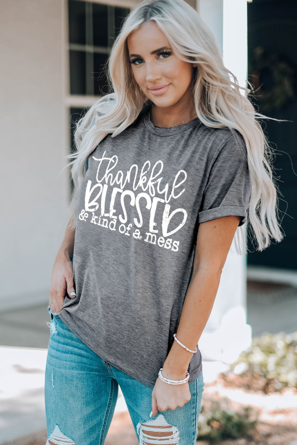 Gray Thankful Blessed & Kind of a Mess Graphic Tee Graphic Tees JT's Designer Fashion