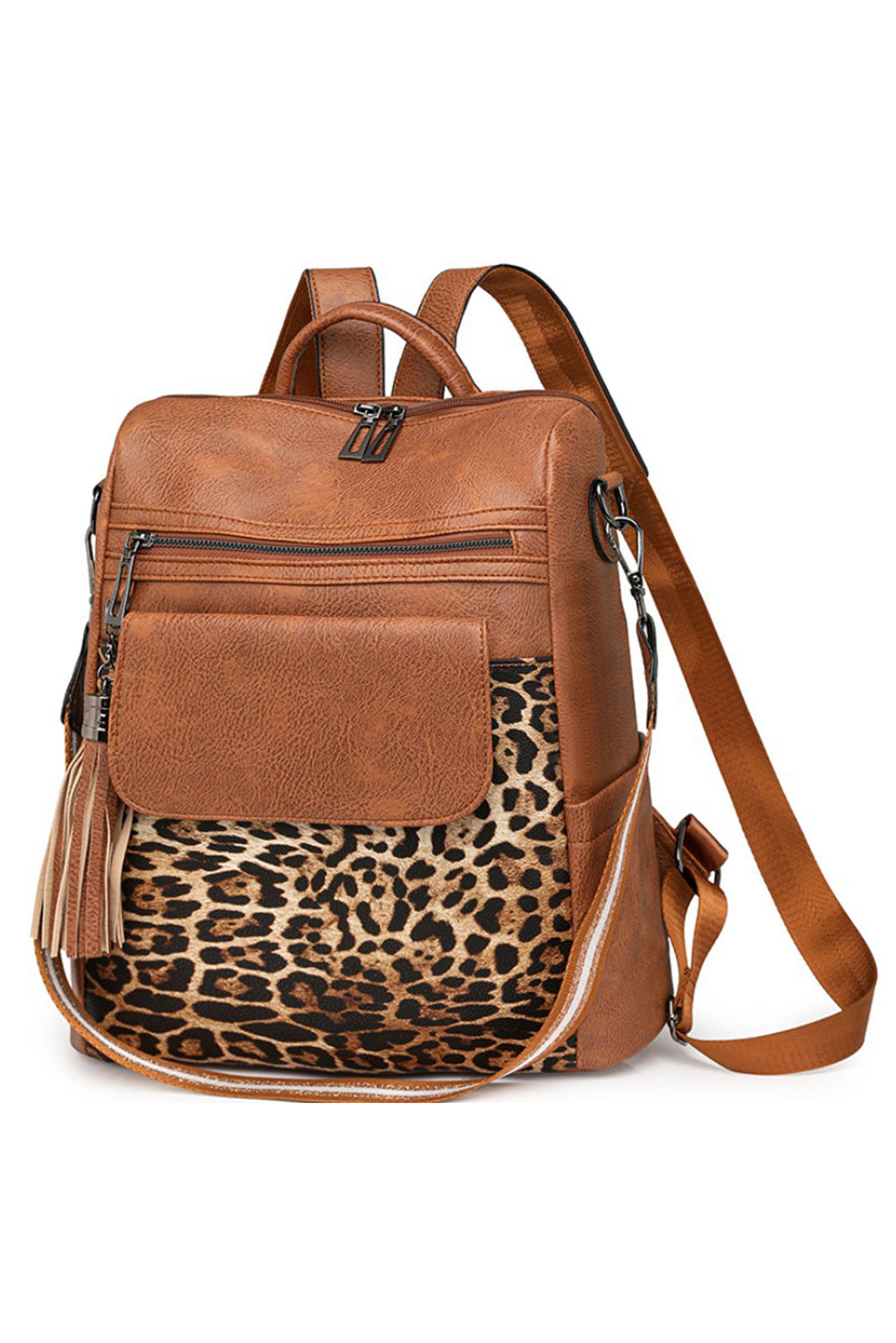 Coffee Leopard Patchwork PU Leather Functional Backpack Backpacks JT's Designer Fashion