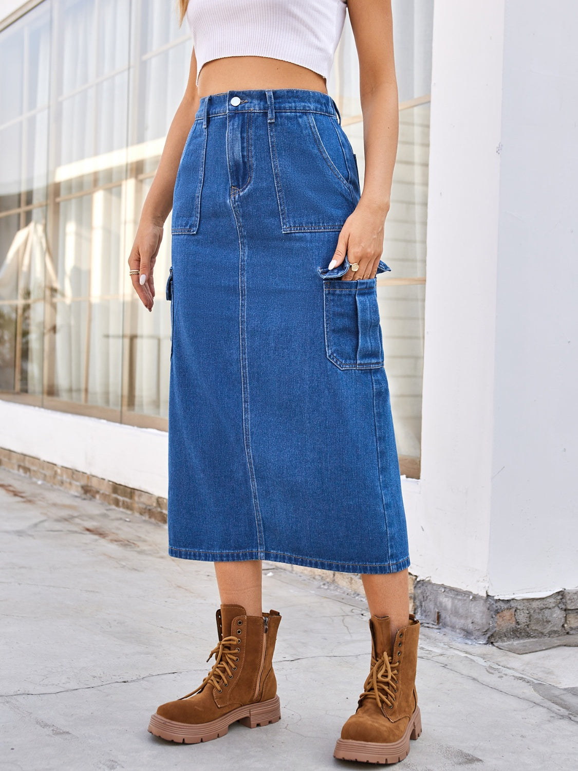 Slit Midi Denim Skirt with Pockets JT's Designer Fashion