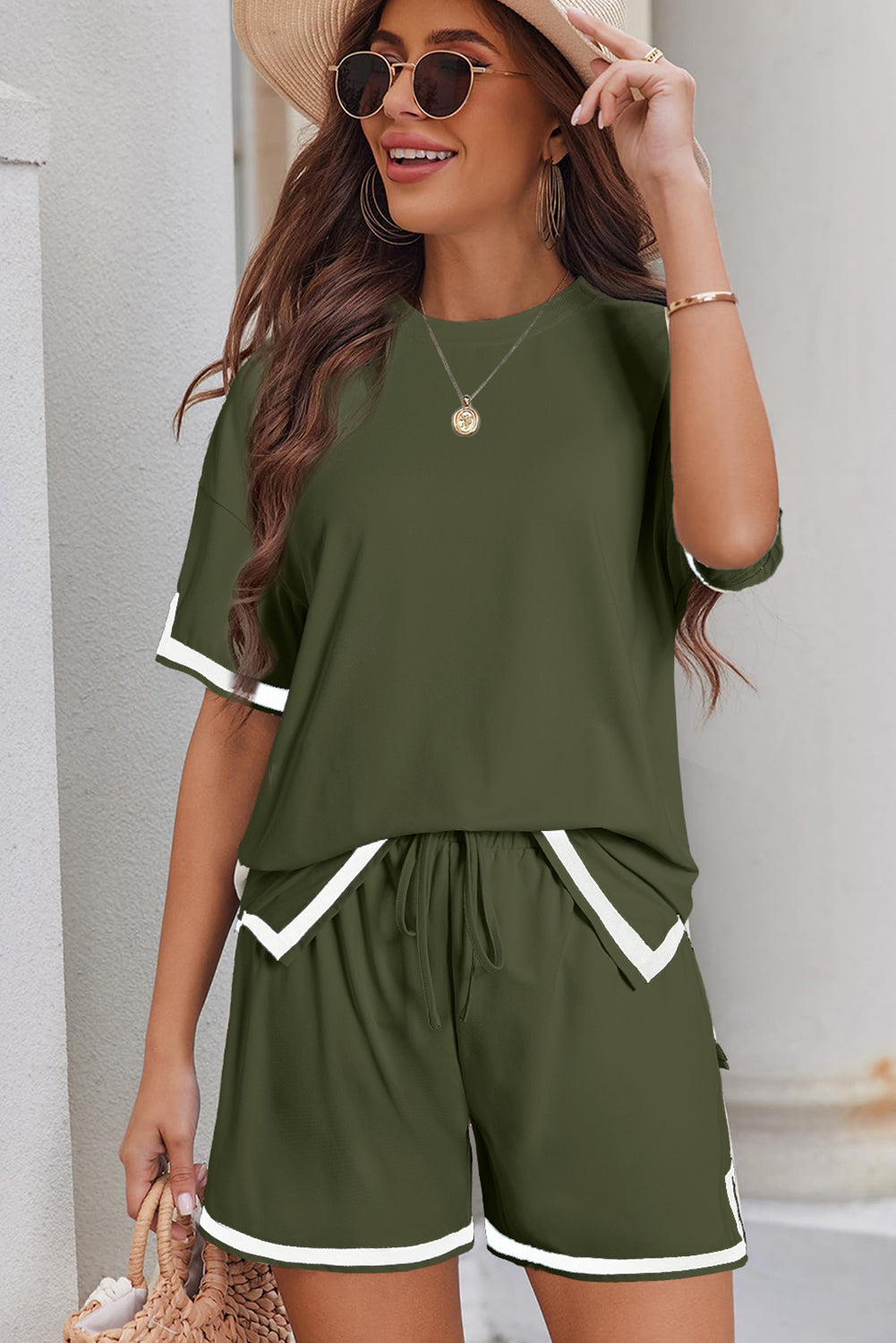 Vineyard Green Contrast Trim Tee and Shorts Set Short Sets JT's Designer Fashion