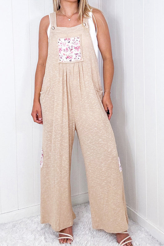 Jet Stream Floral Patchwork Ribbed Side Pockets Wide Leg Jumpsuit Jumpsuits & Rompers JT's Designer Fashion