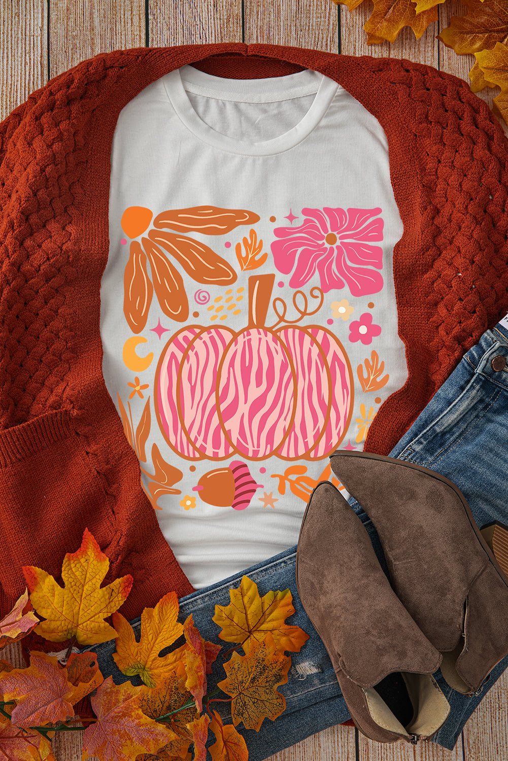 White Floral Pumpkin Printed Crewneck Thanksgiving T Shirt Graphic Tees JT's Designer Fashion