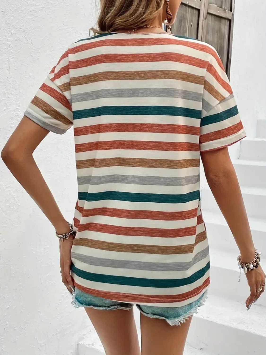 Striped Round Neck Short Sleeve T-Shirt T-Shirts JT's Designer Fashion