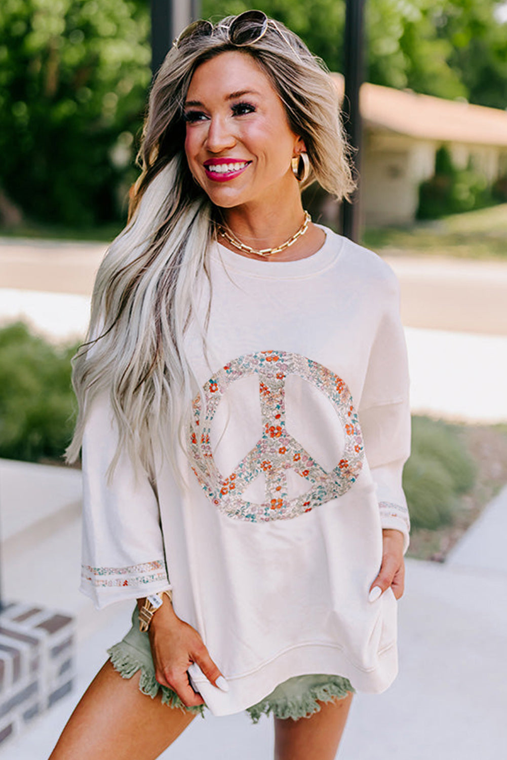 Jet Stream Floral Peace Sign Graphic Drop Shoulder Wide Sleeve Casual Top Long Sleeve Tops JT's Designer Fashion