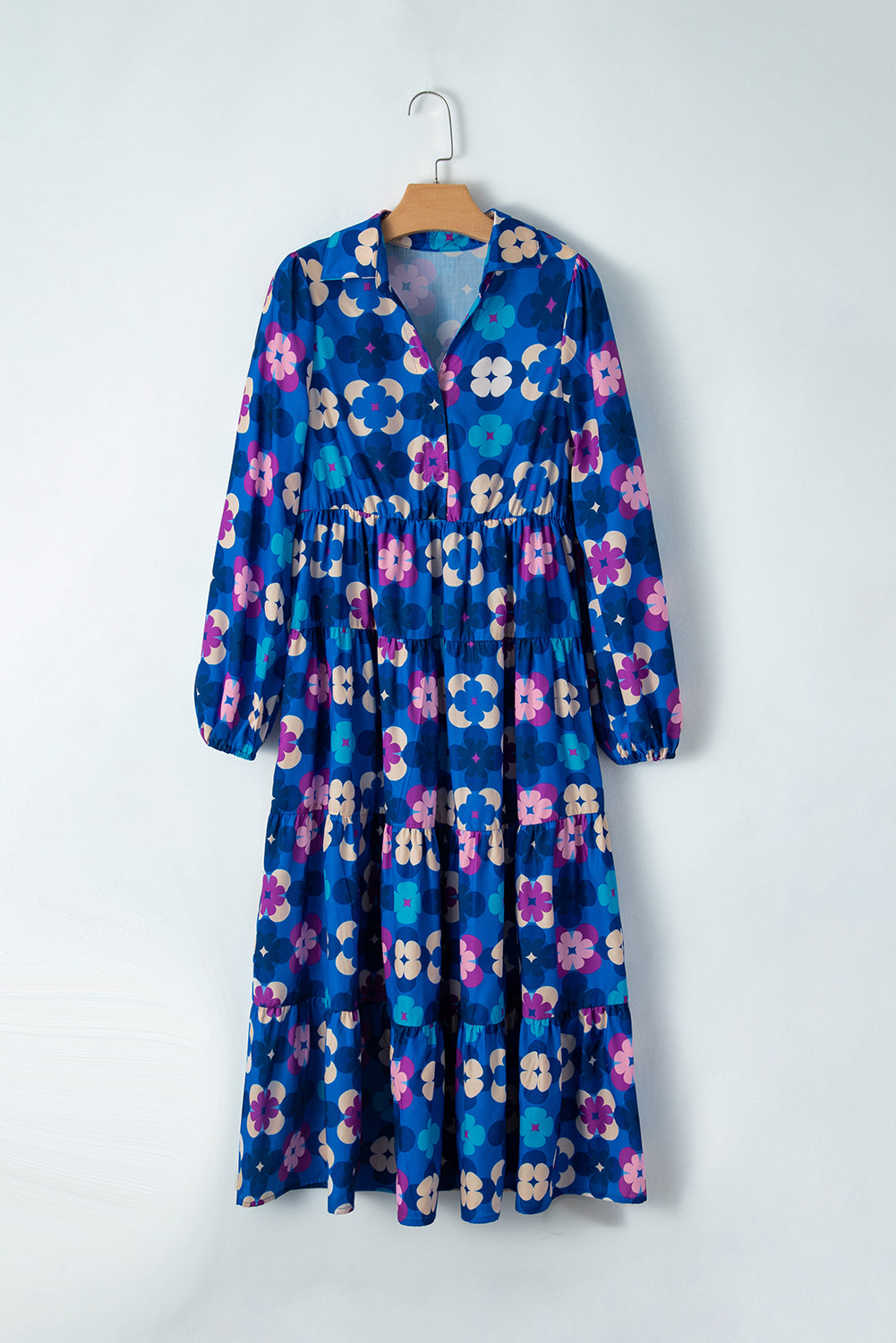 Blue Floral Peasant Sleeve Tiered Ruffle Midi Dress Midi Dresses JT's Designer Fashion