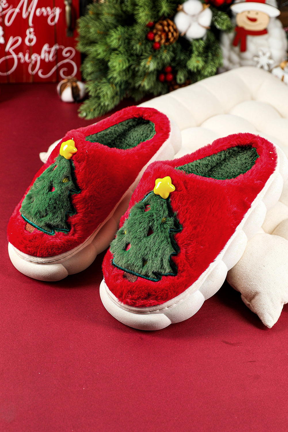 Fiery Red Christmas Tree Graphic Thick Sole Plush Slippers Slippers JT's Designer Fashion