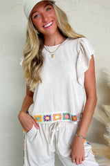 White Floral Crochet Patched Ruffled Sleeve Crewneck Blouse Blouses & Shirts JT's Designer Fashion