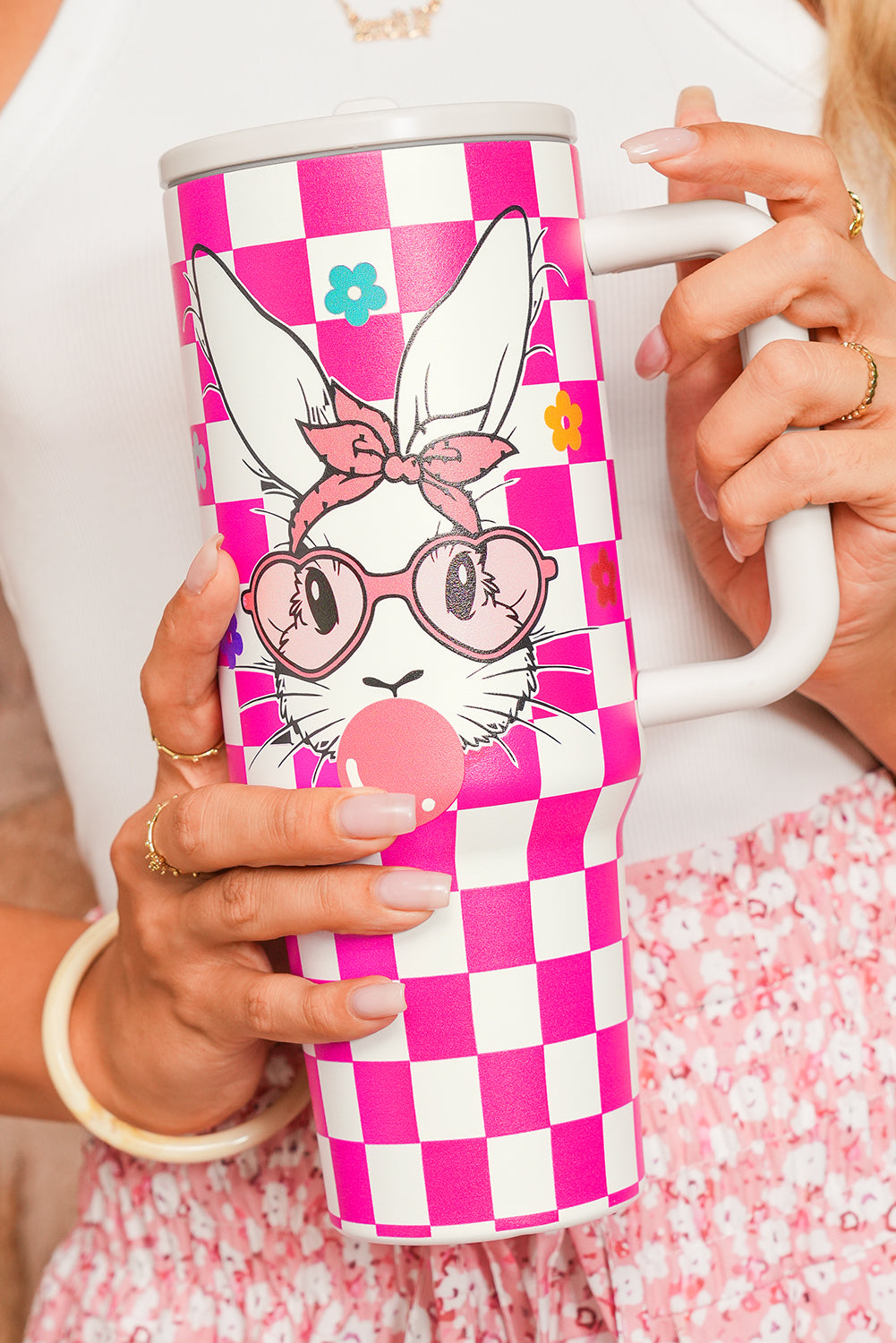 Rose Red Easter Rabbit Flower Checkered Print Large Tumbler 40oz Tumblers JT's Designer Fashion