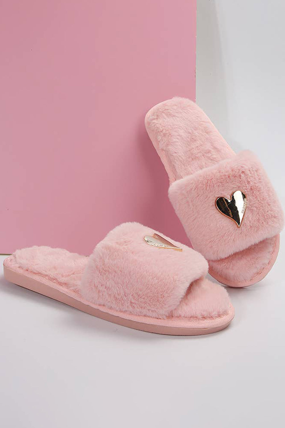 Pink Heart Shape Buckle Decor Open Toe Plush Slippers Slippers JT's Designer Fashion