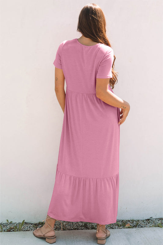 Pink Solid Color T-shirt High Waist Pocketed Long Dress Maxi Dresses JT's Designer Fashion