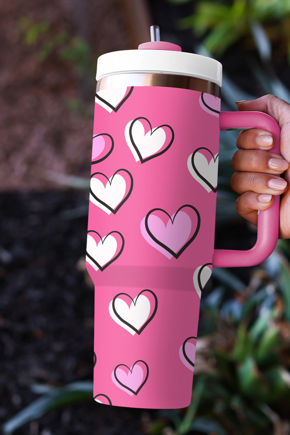 Rose Red Valentines Heart Printed Thermos Cup with Handle Tumblers JT's Designer Fashion