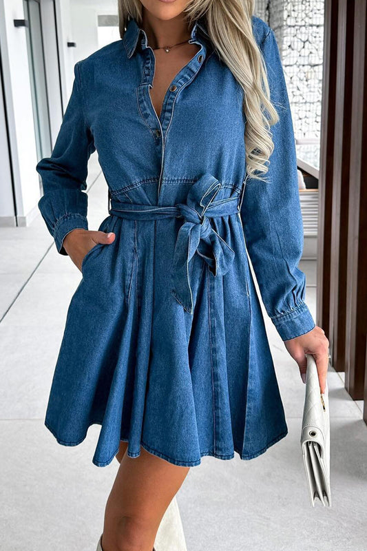 Tied Half Button Long Sleeve Denim Dress Dusty Blue Mini Dresses JT's Designer Fashion