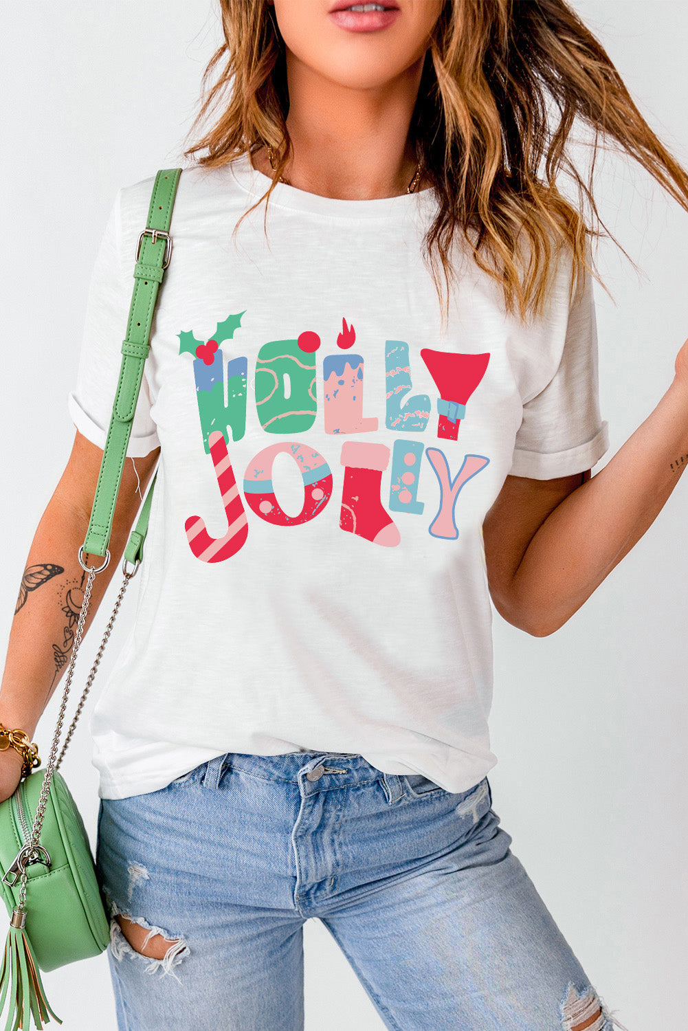 White HOLLY JOLLY Xmas Fashion Printed T-shirt Graphic Tees JT's Designer Fashion