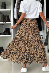 Light French Beige Leopard Print Elastic High Waist Tiered Maxi Skirt Bottoms JT's Designer Fashion