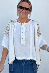 White Floral Printed Patchwork Half Button Oversize Tee Pre Order Tops JT's Designer Fashion