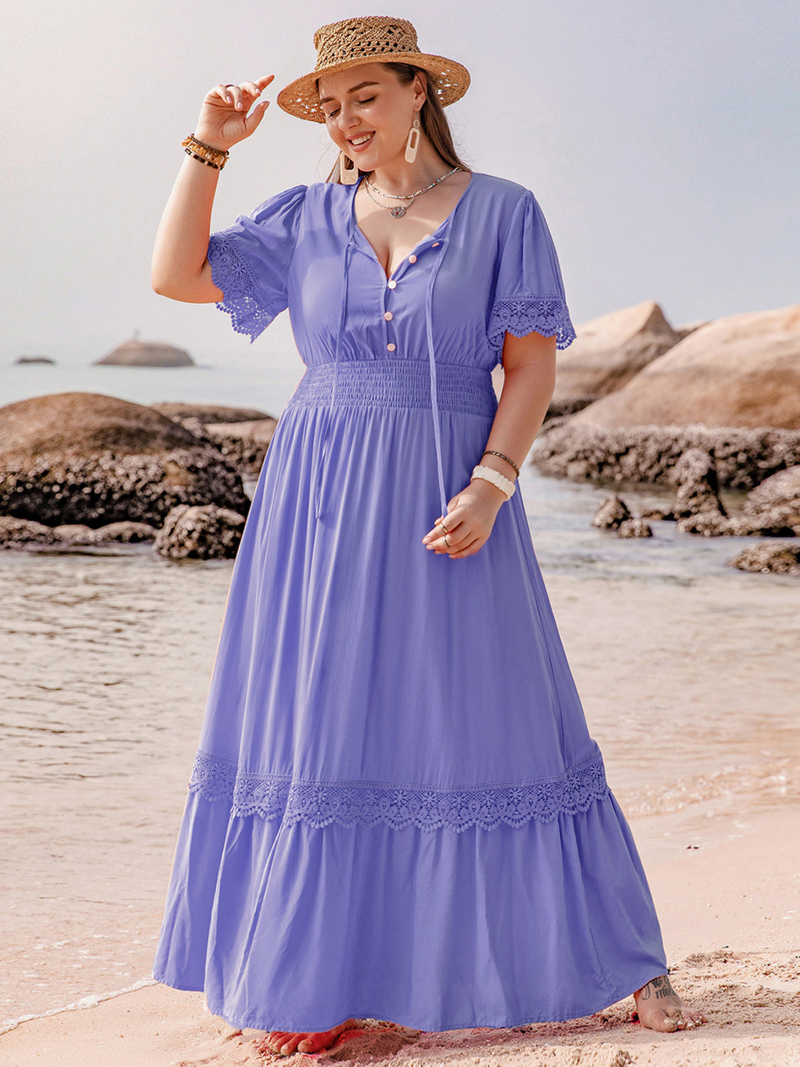 Plus Size Lace Detail Tie Neck Short Sleeve Maxi Dress Lavender Dresses JT's Designer Fashion