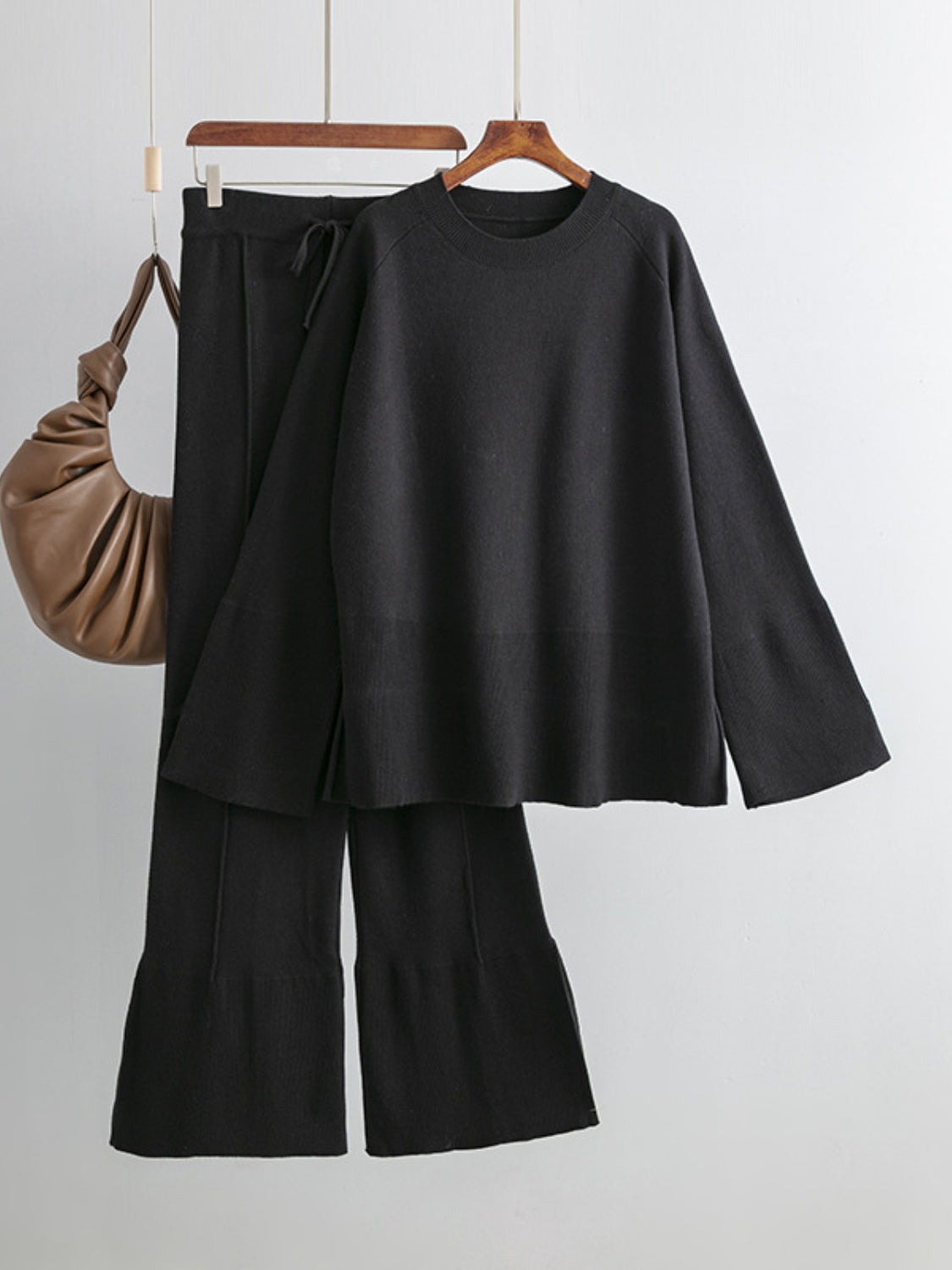 Slit Round Neck Long Sleeve Top and Drawstring Pants Sweater Set Pants Sets JT's Designer Fashion