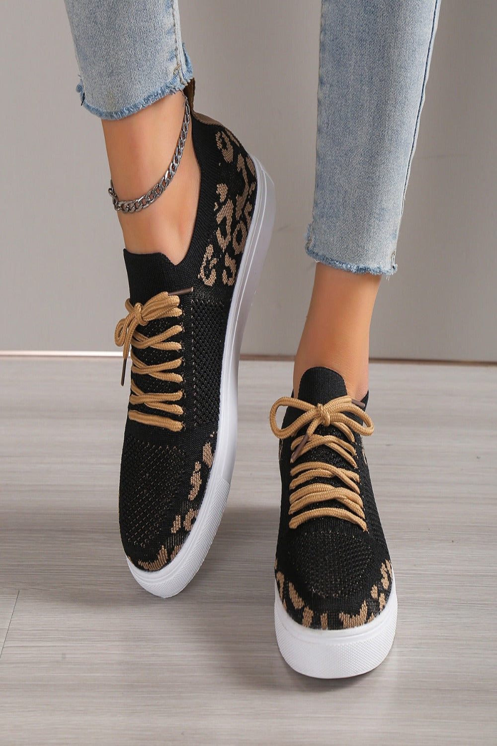 Lace-Up Leopard Flat Sneakers Black Shoes JT's Designer Fashion