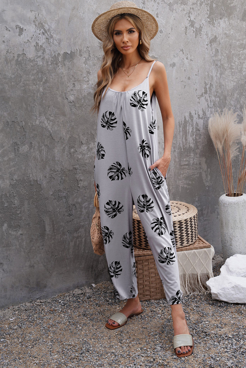 Gray Palm Leaves Print Spaghetti Strap Wide Leg jumpsuit Jumpsuits & Rompers JT's Designer Fashion