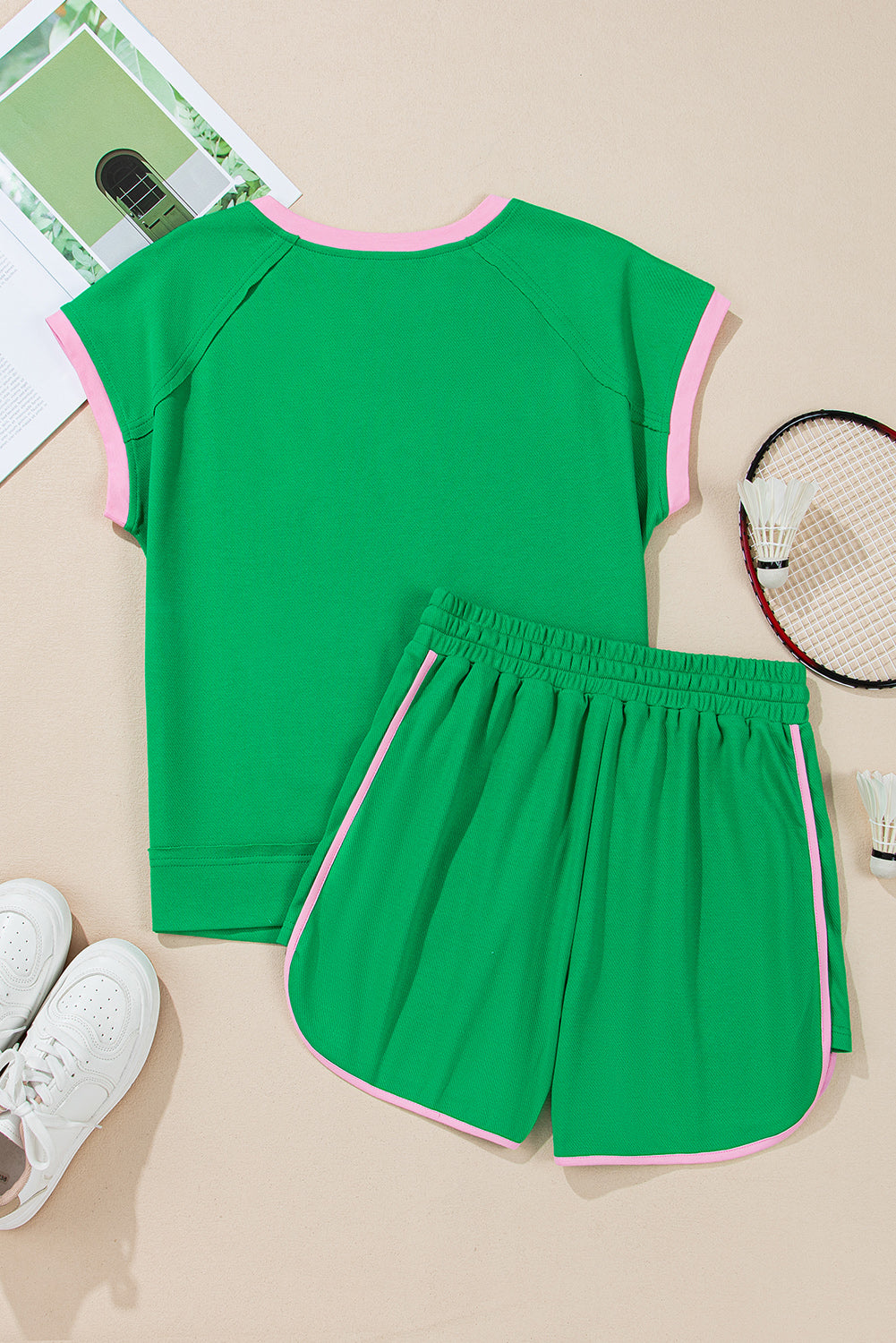 Bright Green Two Tone Contrast Textured Crewneck Tee and Shorts Set Short Sets JT's Designer Fashion