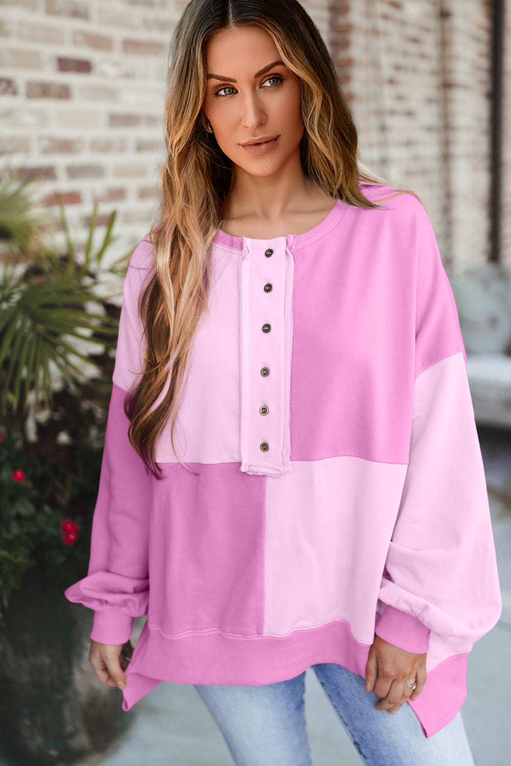 Pink Colorblock Henley High Low Oversize Sweatshirt Sweatshirts & Hoodies JT's Designer Fashion