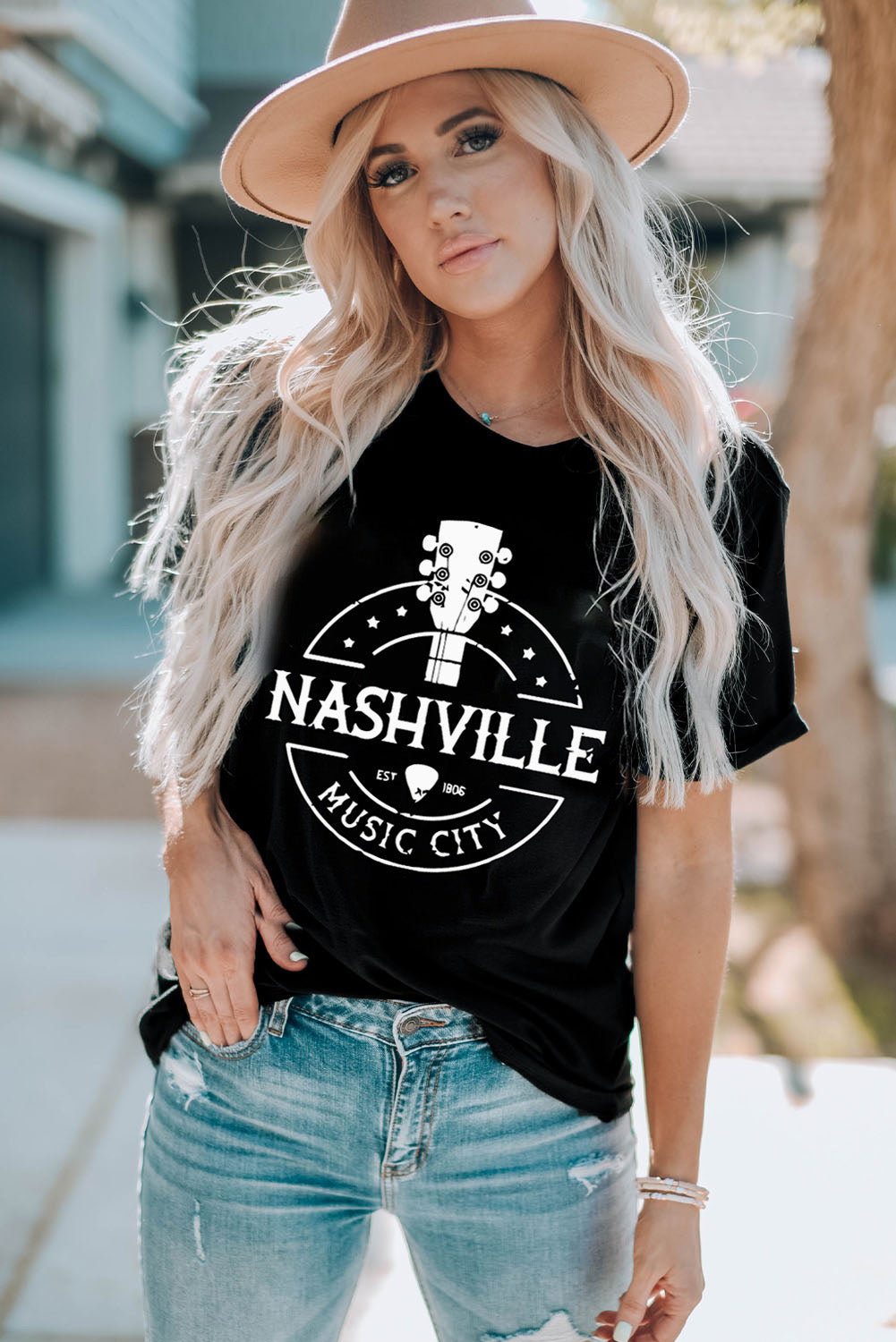 Black NASHVILLE MUSIC CITY Graphic Print Crew Neck T Shirt Graphic Tees JT's Designer Fashion