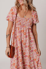 Pink Floral Square Neck Knotted Ruffle Midi Dress Floral Dresses JT's Designer Fashion