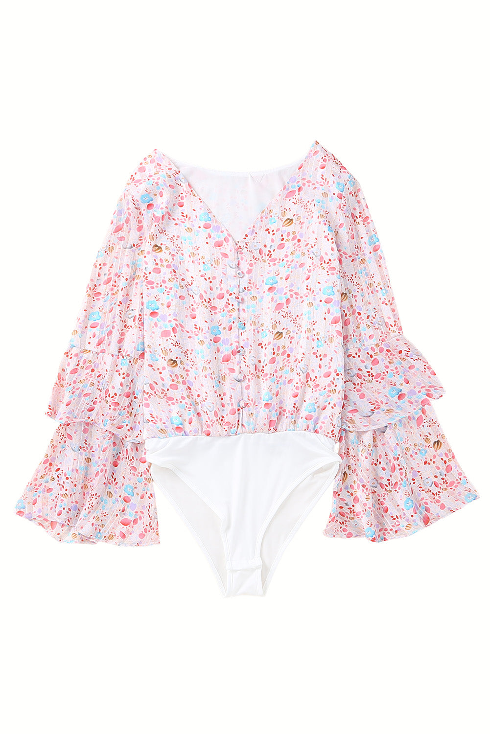 Pink Tiered Ruffled Bell Sleeve Floral Bodysuit Bodysuits JT's Designer Fashion