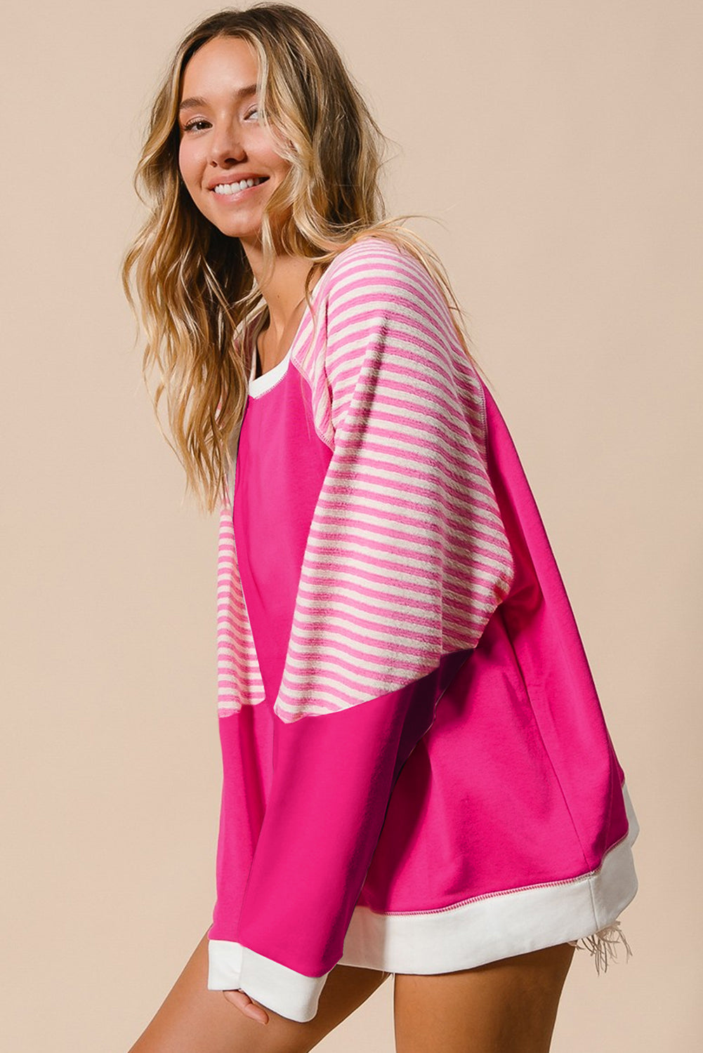 Strawberry Pink Striped Patchwork Crew Neck Raglan Sleeve Top Long Sleeve Tops JT's Designer Fashion