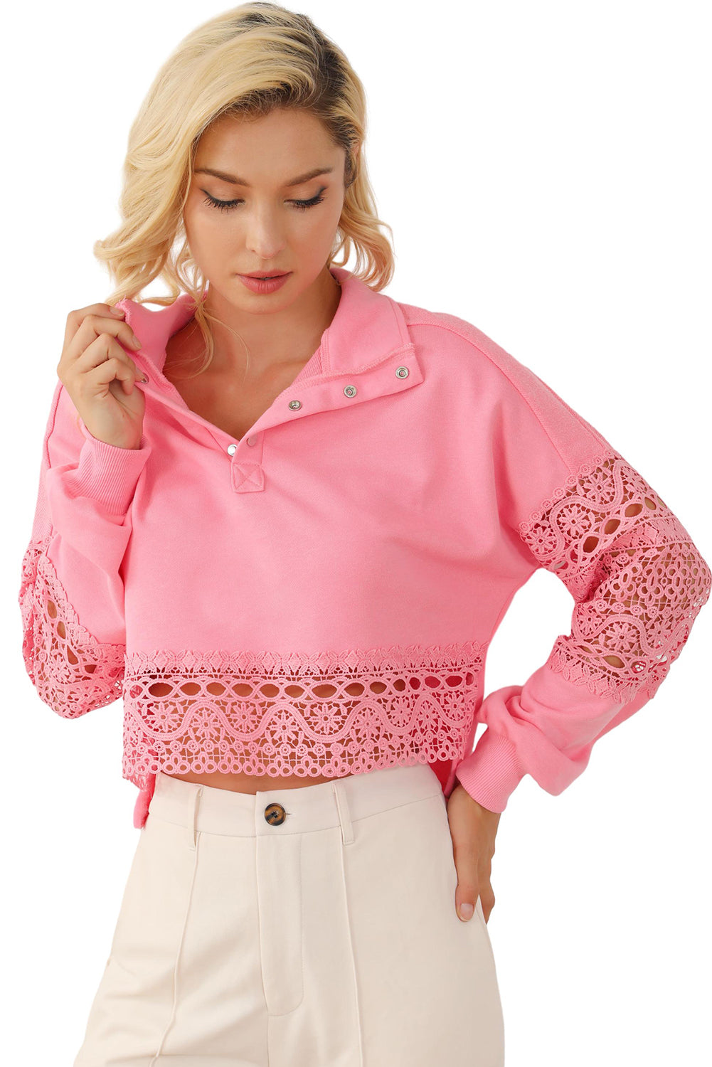 Pink Hollowed Lace Splicing Cropped Sweatshirt Sweatshirts & Hoodies JT's Designer Fashion