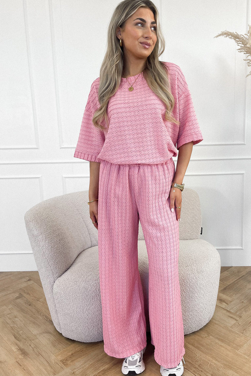 Pink Textured Half Sleeve Tee and Wide Leg Pants Set Bottoms JT's Designer Fashion