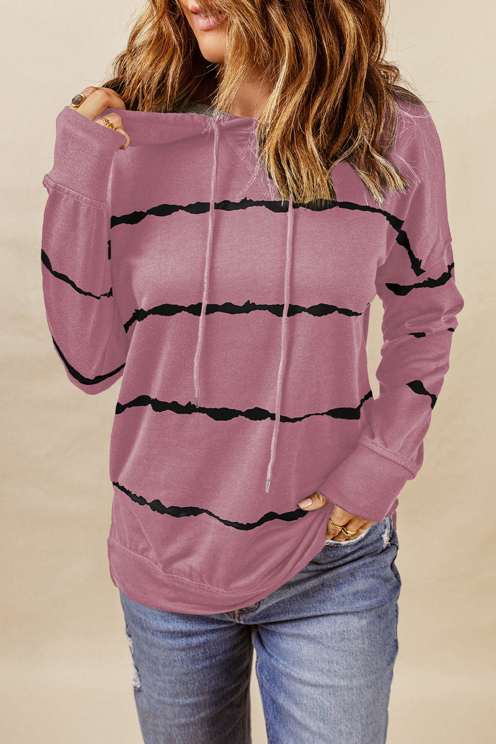 Pink Tie-dye Striped Drawstring Hoodie with Side Split Tops Sweatshirts & Hoodies JT's Designer Fashion