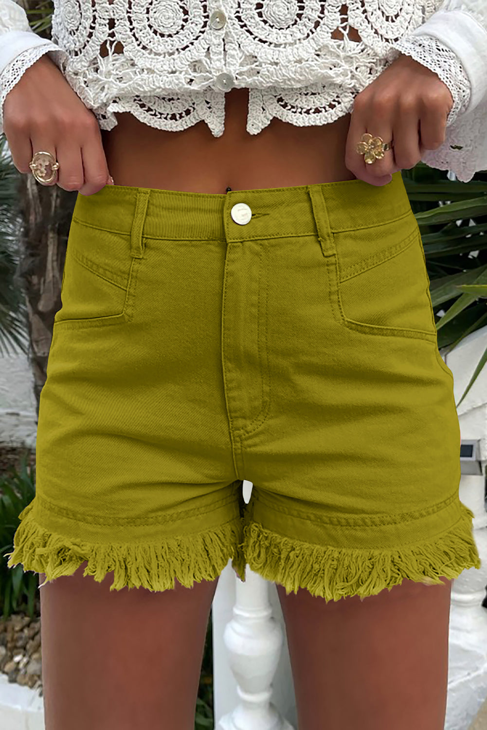 Spinach Green Frayed Edge Mid Rise Denim Shorts Pre Order Bottoms JT's Designer Fashion