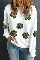 White Sequin Clover Patched Pattern St Patrick Pullover Sweatshirt Graphic Sweatshirts JT's Designer Fashion