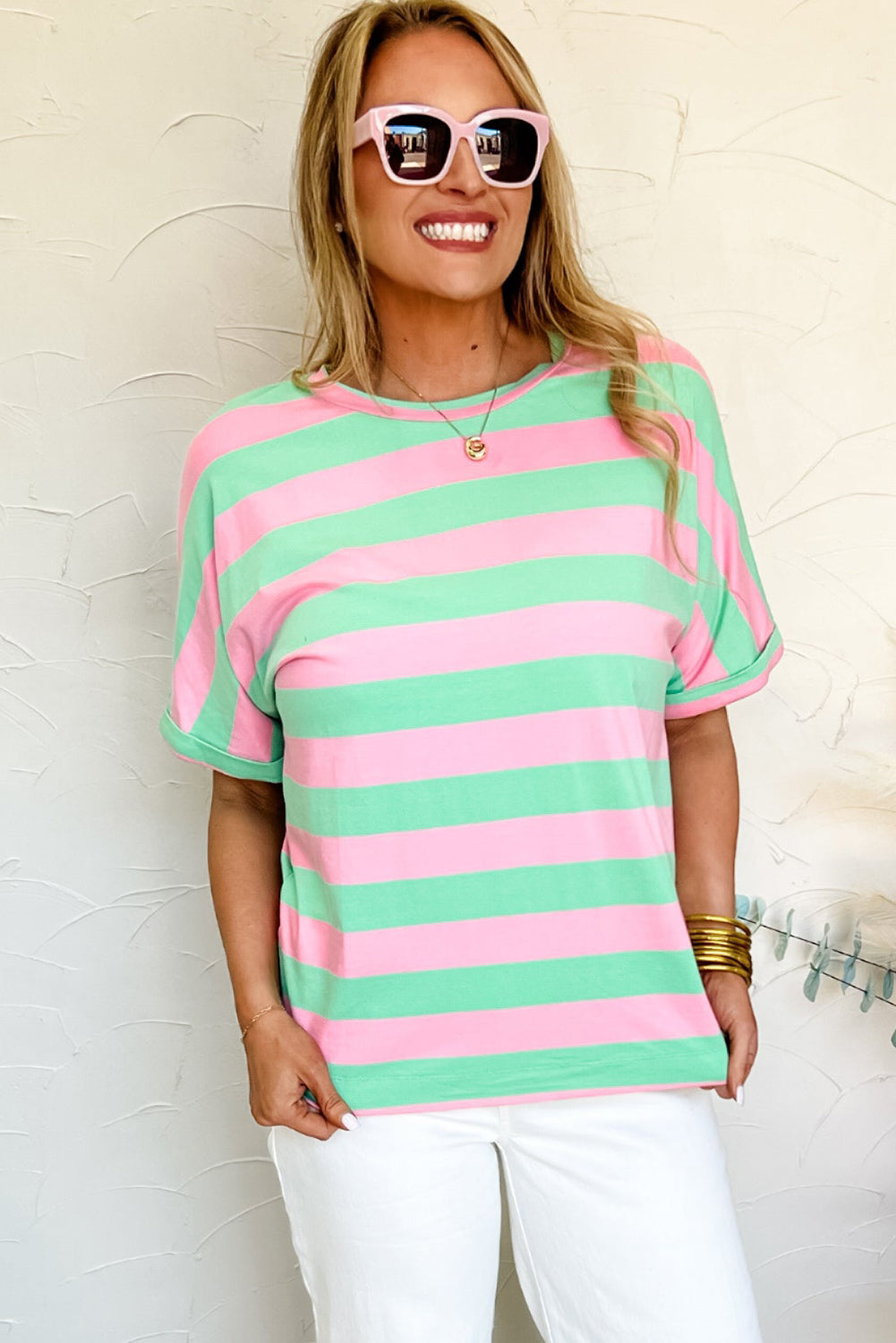 Pink Stripe Colorblock Cuffed Sleeve Loose Tee Pre Order Tops JT's Designer Fashion