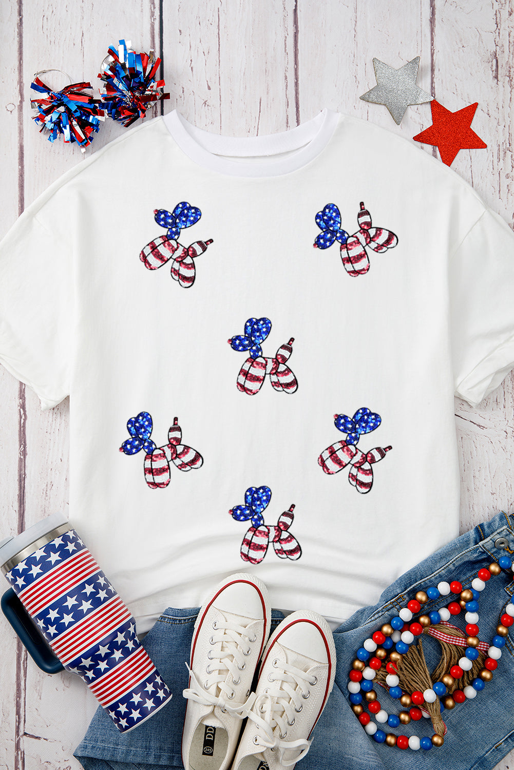 White Sequin USA Flag Balloon Puppy Graphic Drop Shoulder High Low Tee Graphic Tees JT's Designer Fashion