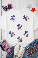 White Sequin USA Flag Balloon Puppy Graphic Drop Shoulder High Low Tee Graphic Tees JT's Designer Fashion