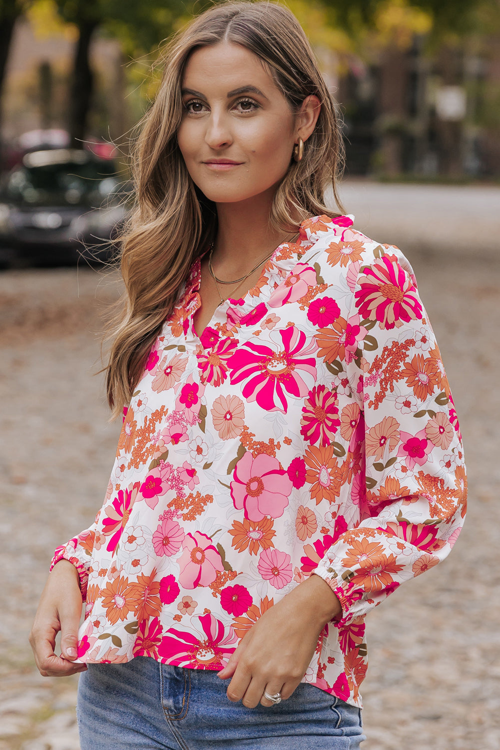 Bright White Floral Print Split V Neck Blouse Blouses & Shirts JT's Designer Fashion