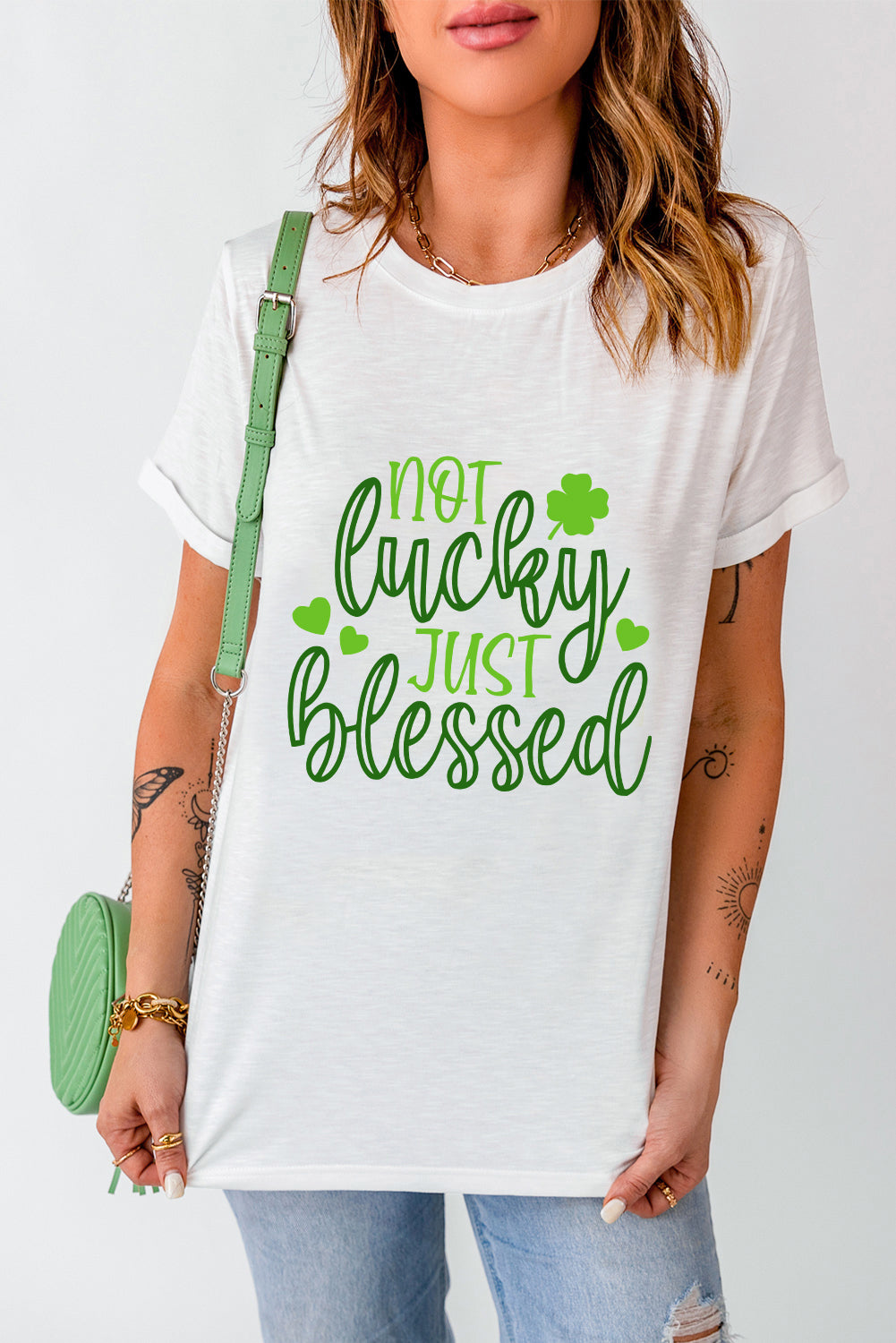 White St Patricks Not Luck Just Blessed Graphic T-shirt Graphic Tees JT's Designer Fashion