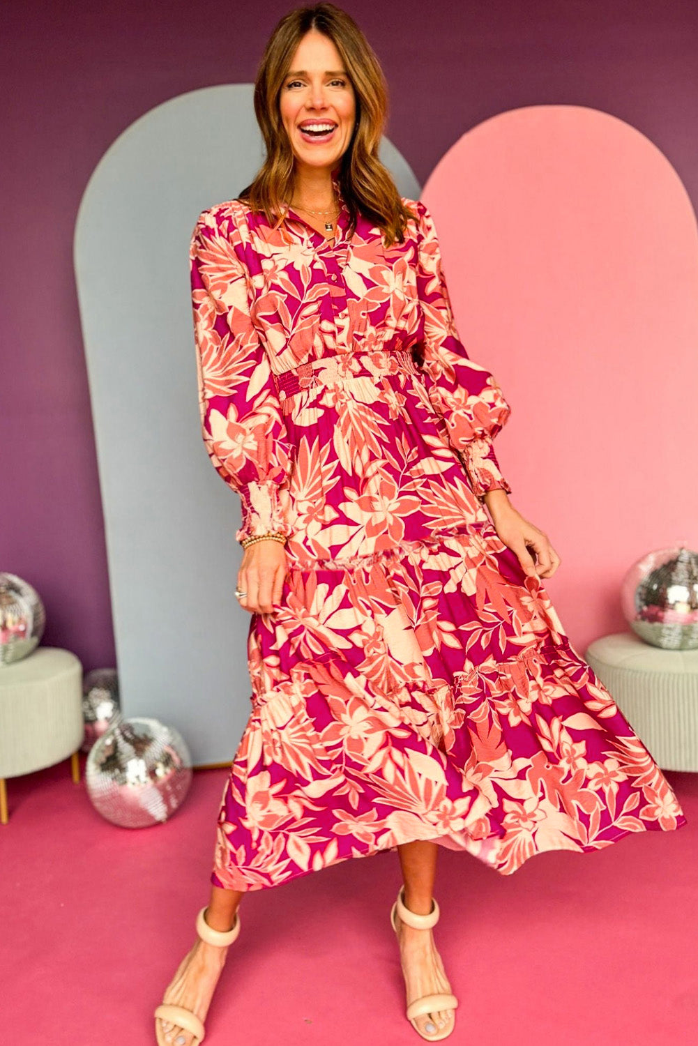 Rose Floral Print Buttoned Smocked High Waist Maxi Dress Floral Dresses JT's Designer Fashion