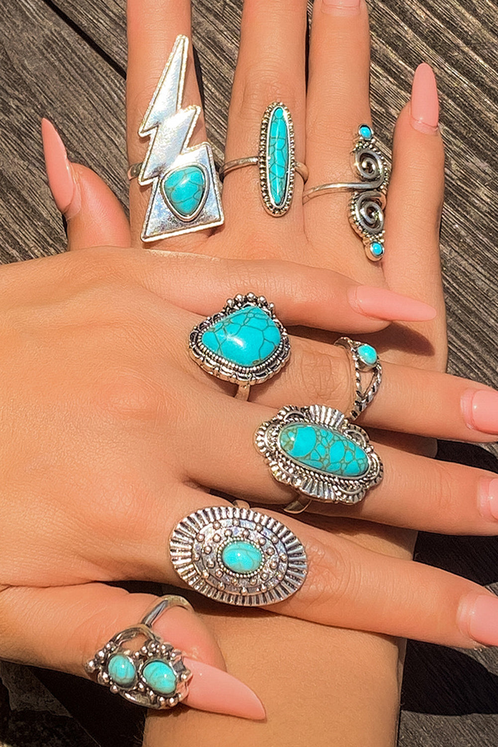 Silvery 8pcs Turquoise Inlay Western Ring Set Jewelry JT's Designer Fashion