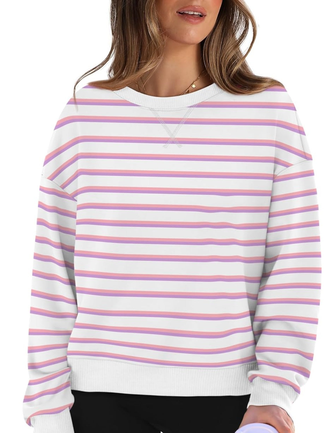 Striped Round Neck Long Sleeve Sweatshirt Long Sleeve Tops JT's Designer Fashion