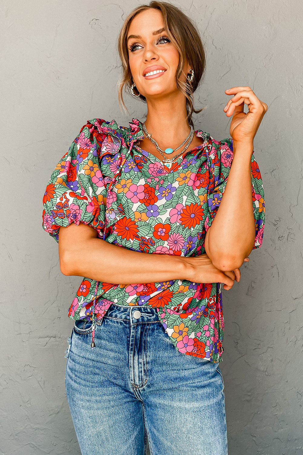 Red Floral Tie Split Neck Ruffle Puff Sleeve Blouse Tops & Tees JT's Designer Fashion