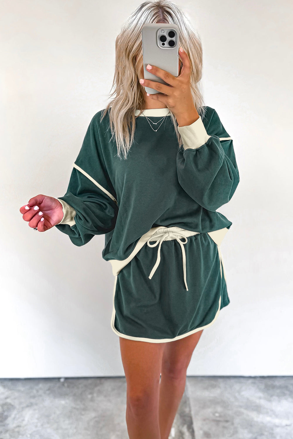 Evergreen Color Contrast Loose Pullover and Lace-up Waist Skort Set Two Piece Dresses JT's Designer Fashion