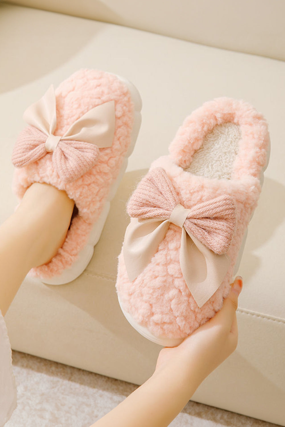 Pink Contrast Bowknot Applique Plush Winter Slippers Slippers JT's Designer Fashion