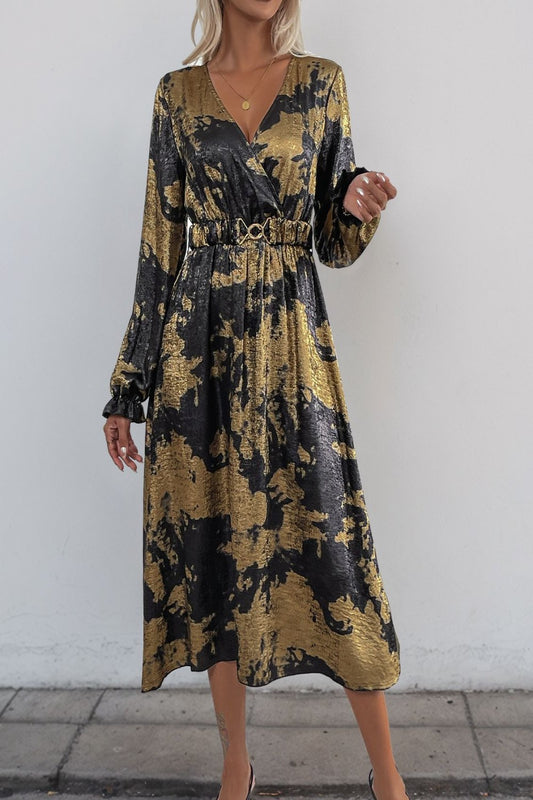 Printed Surplice Long Sleeve Midi Dress Black Midi Dresses JT's Designer Fashion