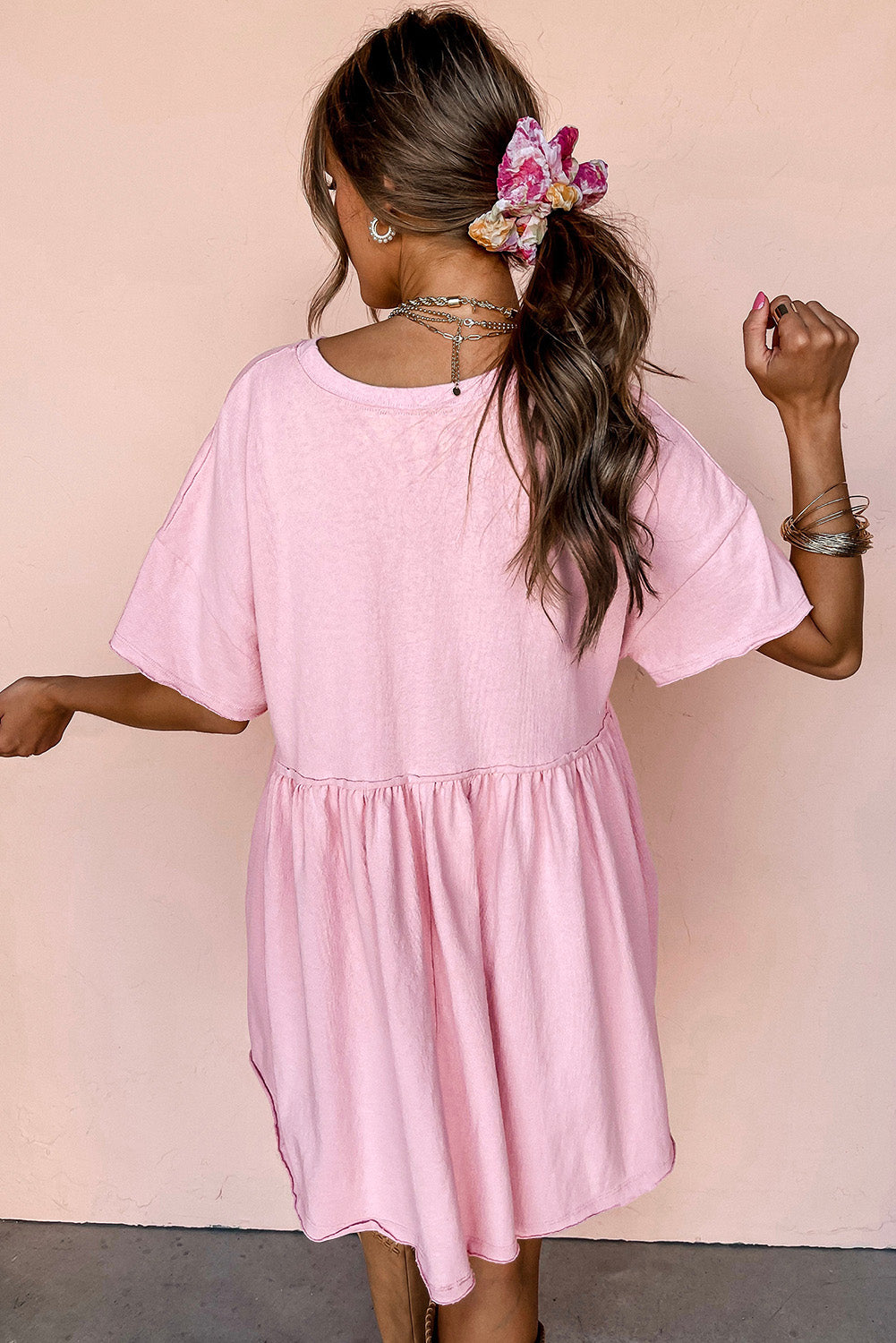 Light Pink Solid Color Pocketed Raw Edge Babydoll Dress Mini Dresses JT's Designer Fashion