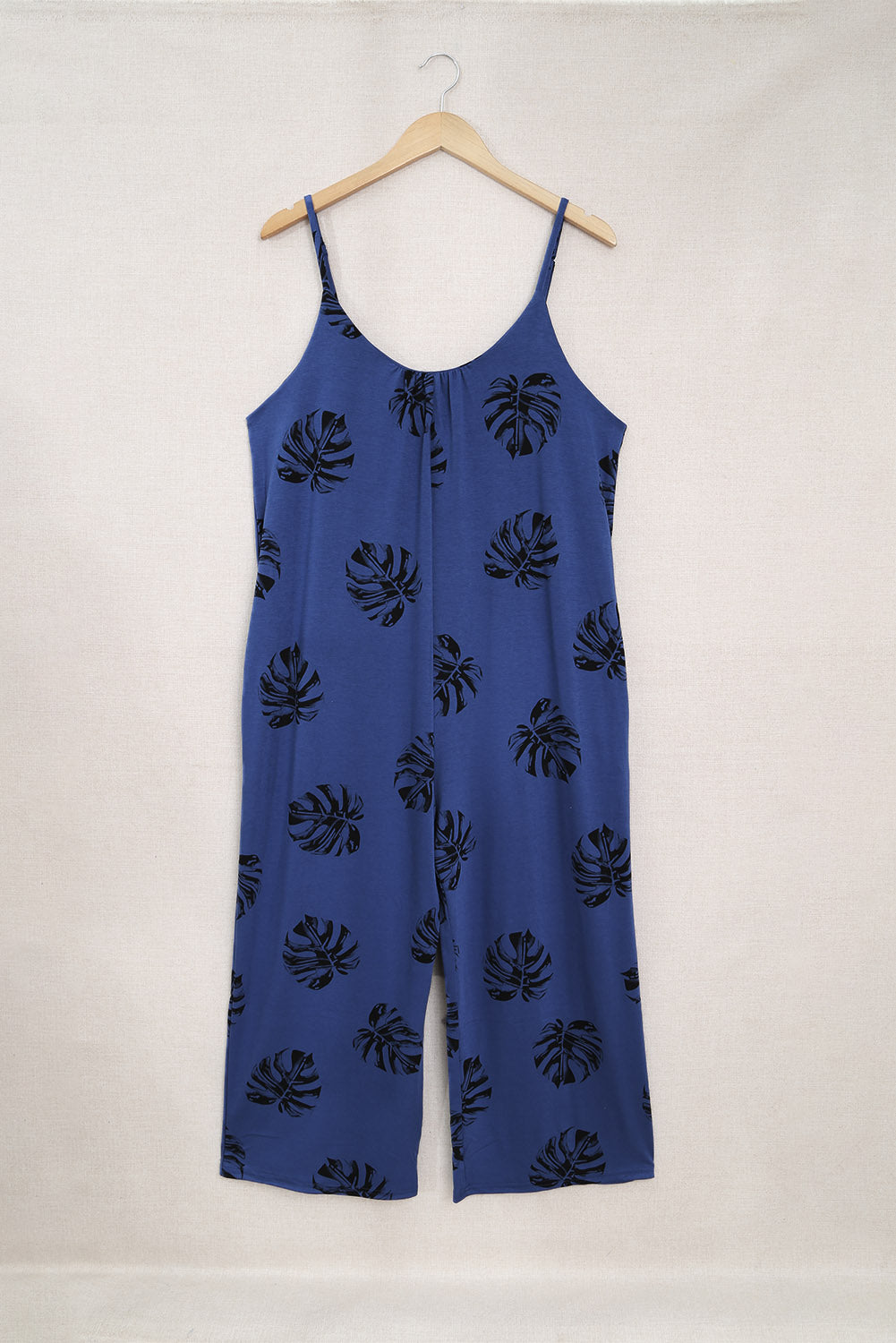 Blue Palm Leaves Print Spaghetti Strap Wide Leg jumpsuit Jumpsuits & Rompers JT's Designer Fashion