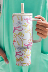 White Bow Knot Print Handle Straw Insulate Tumbler 40oz Tumblers JT's Designer Fashion